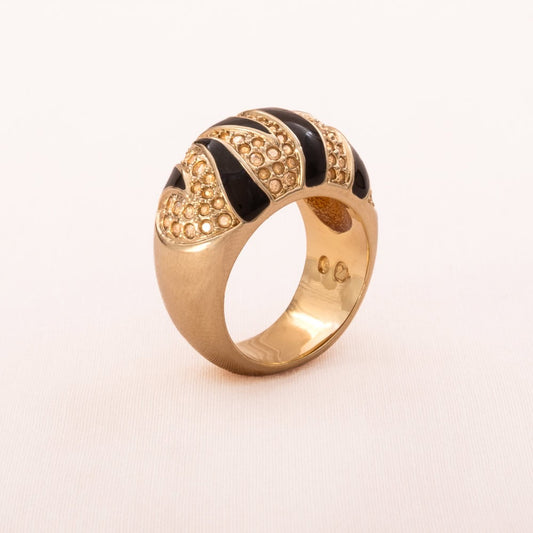 Swarovski-Ring-vergoldet-schwarze-Emaille-Kristalle-Schwan-Signatur