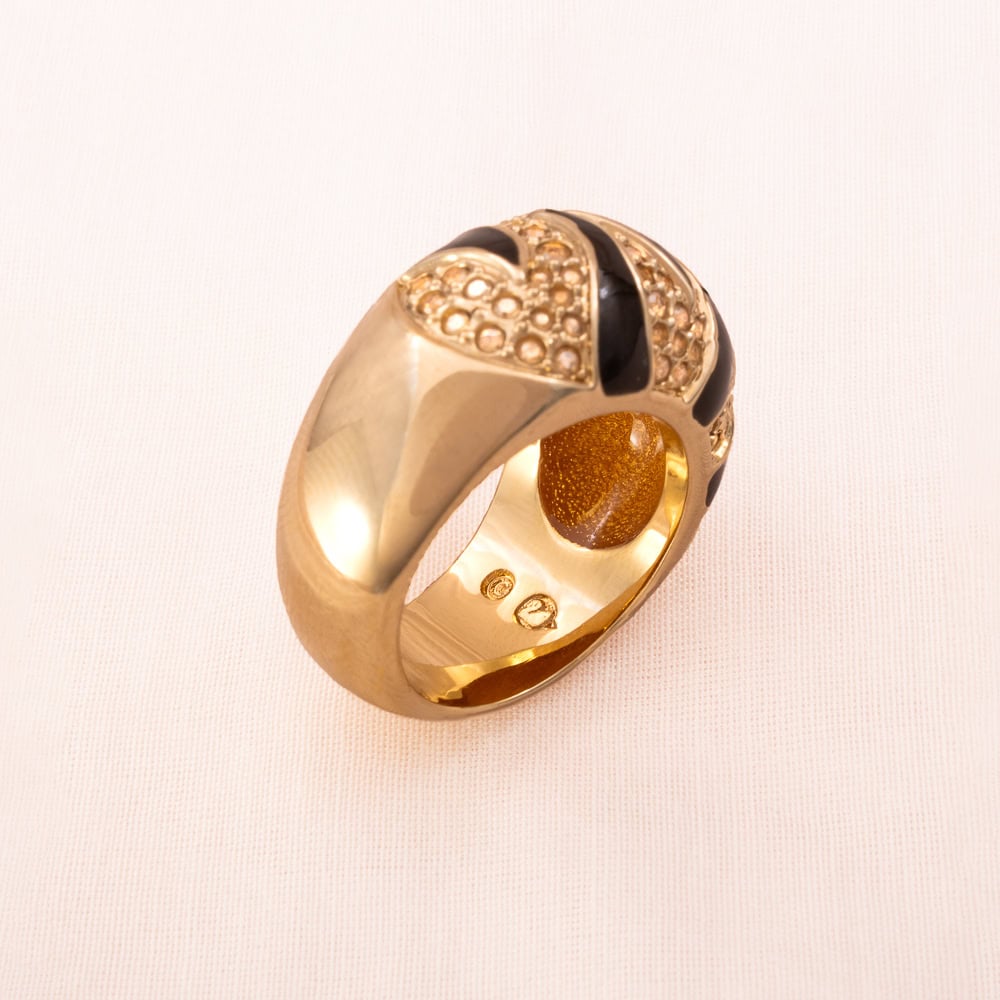 Swarovski-Ring-vergoldet-schwarze-Emaille-Kristalle-Schwan-Signatur