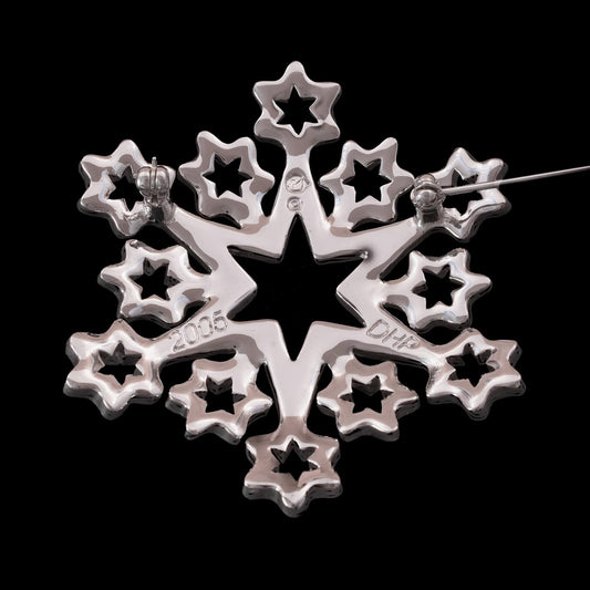 Swarovski-große-Schneeflocken-Stern-Brosche-silberfarben-Rückseite-Signatur-Herstellungsjahr