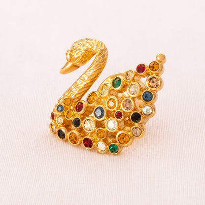 Swarovski-Schwan-Pin-Brosche-vergoldet-durchbrochen-mit-bunten-Kristallen