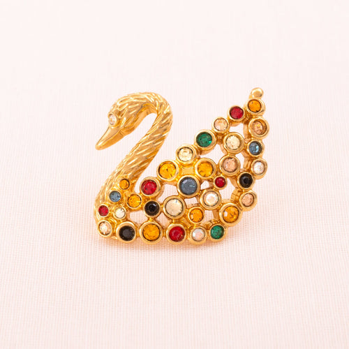 SWAROVSKI gold-plated swan pin brooch with colorful crystals