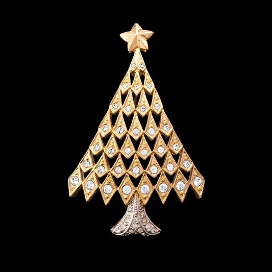 Swarovski-Weihnachtsbaum-Brosche-vergoldet-Kristall-besetzt