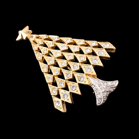 Swarovski-Weihnachtsbaum-Brosche-vergoldet-Kristall-besetzt
