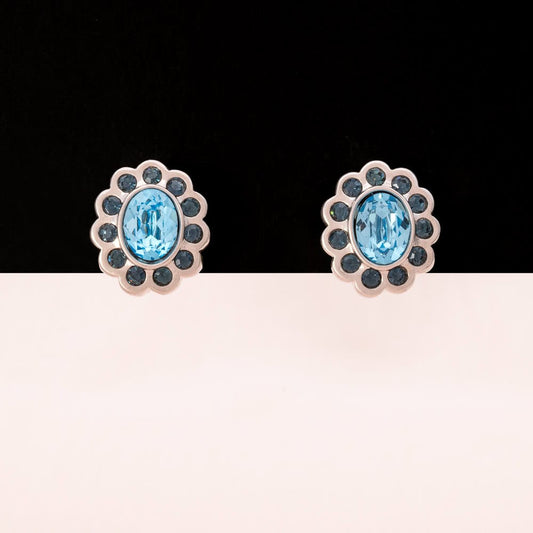 Swarovski-kleine-Ohrclips-Blumen-blaue-Kristalle-rhodiniert
