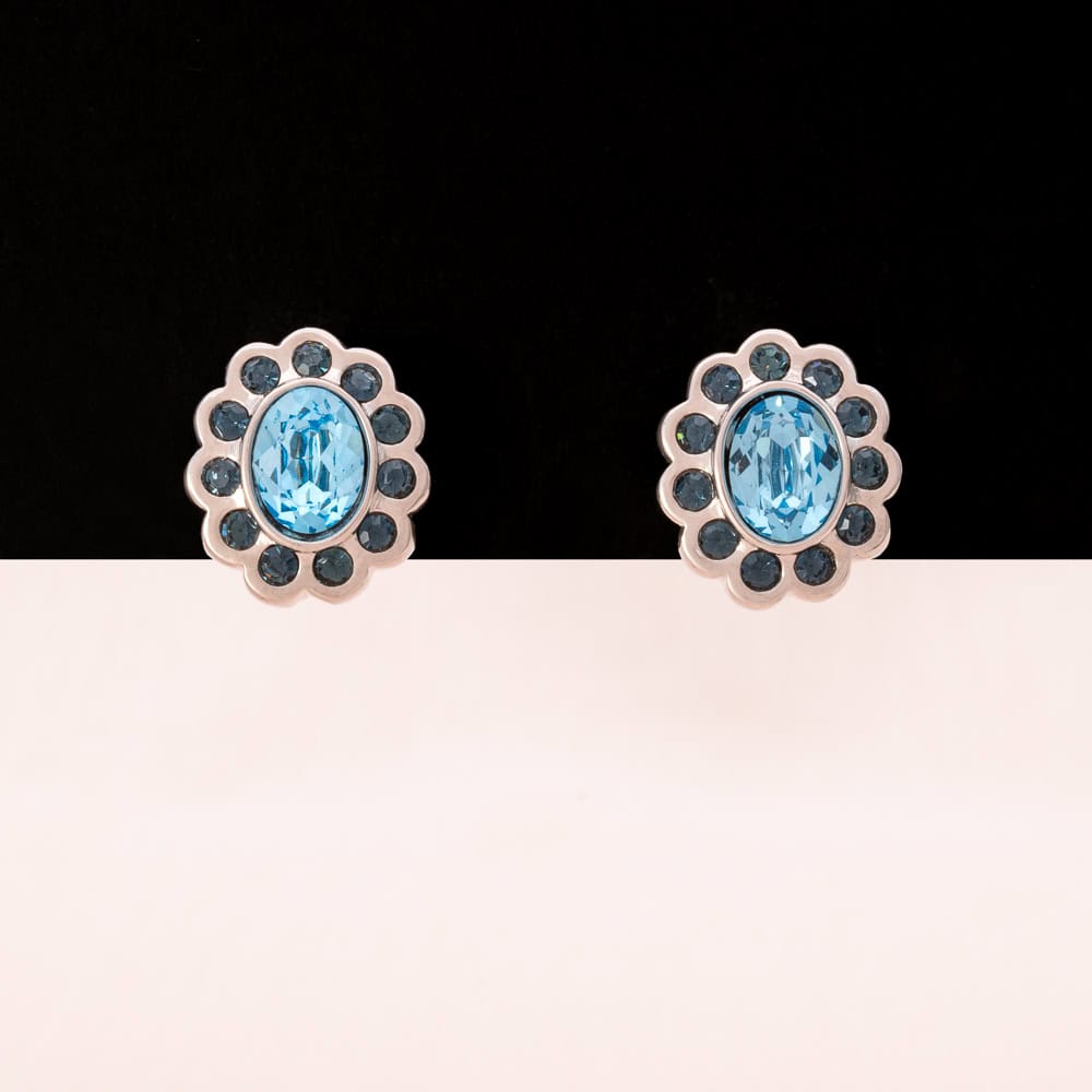Swarovski-kleine-Ohrclips-Blumen-blaue-Kristalle-rhodiniert