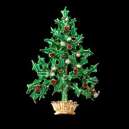 TANCER Vintage Christmas Tree Brooch green rhinestone red white
