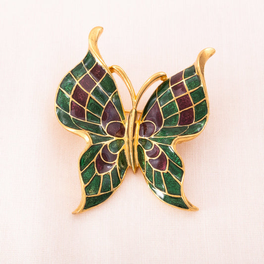 Trifari-Schmetterling-Brosche-vergoldet-Emaille-grün-violett