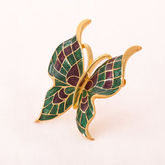 Trifari-Schmetterling-Brosche-vergoldet-Emaille-grün-violett