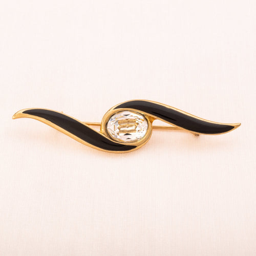 TRIFARI brooch elegant curved shape with crystal and black enamel