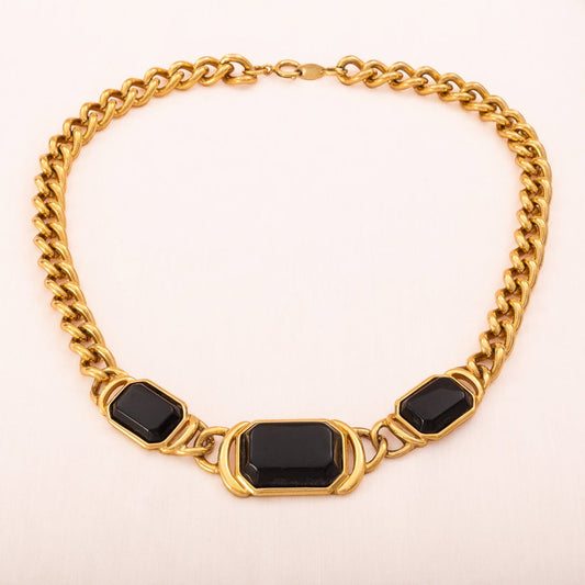 Trifari-Halskette-Choker-Collier-vergoldet-eckige-schwarze-Cabochons