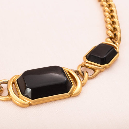 Trifari-Halskette-Choker-Collier-vergoldet-eckige-schwarze-Cabochons