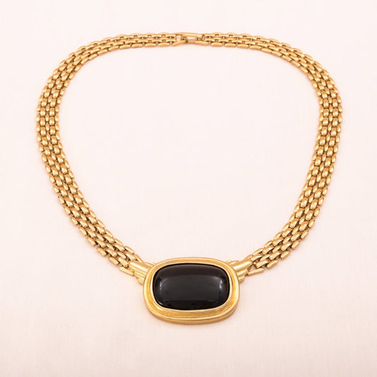 Trifari-Halskette-vergoldeter-Choker-großer-schwarzer-Cabochon-Anhänger