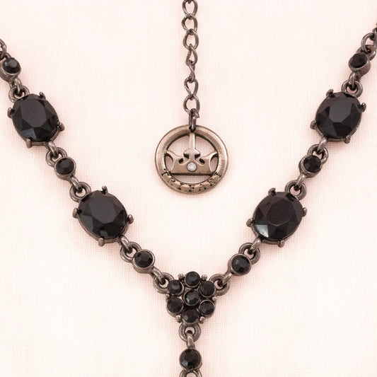 Trifari-Choker-Y-Halskette-schwarz-Kristalle-1990er-Signatur-Krone