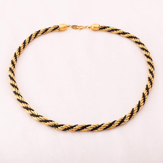 Trifari-Halskette-kombinierte-Kordel-Kette-schwarzes-Twxtilband