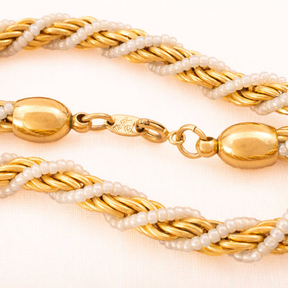 Trifari-vergoldete-Kordelkette-umwickelt-feine-Perlenkette-signiert