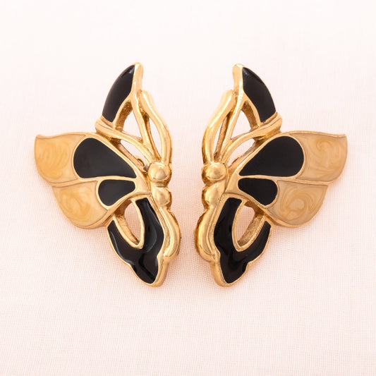 TRIFARI ear clips butterflies with black and cream enamel