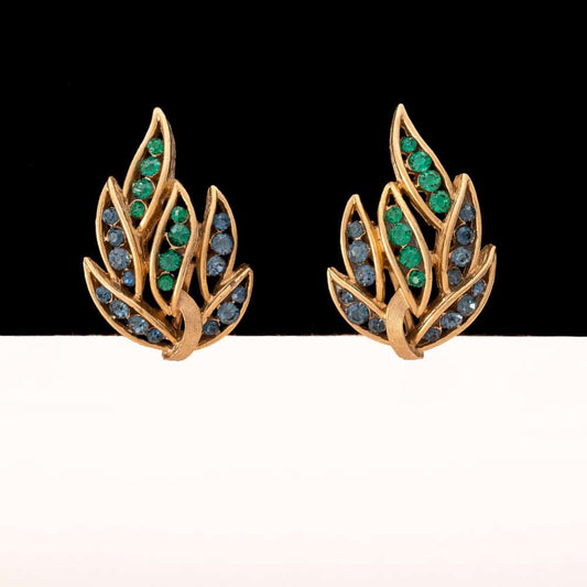 Trifari-Ohrclips-vergoldet-floral-Strass-blau-grün
