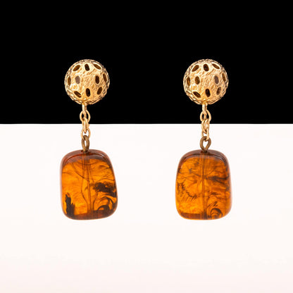 Trifari-Ohrclips-Hänger-vergoldet-bernsteinfarbige-Kunststeine