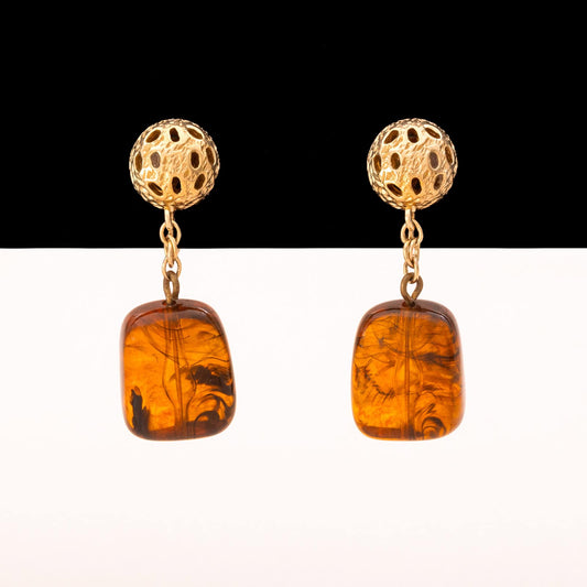 Trifari-Ohrclips-Hänger-vergoldet-bernsteinfarbige-Kunststeine