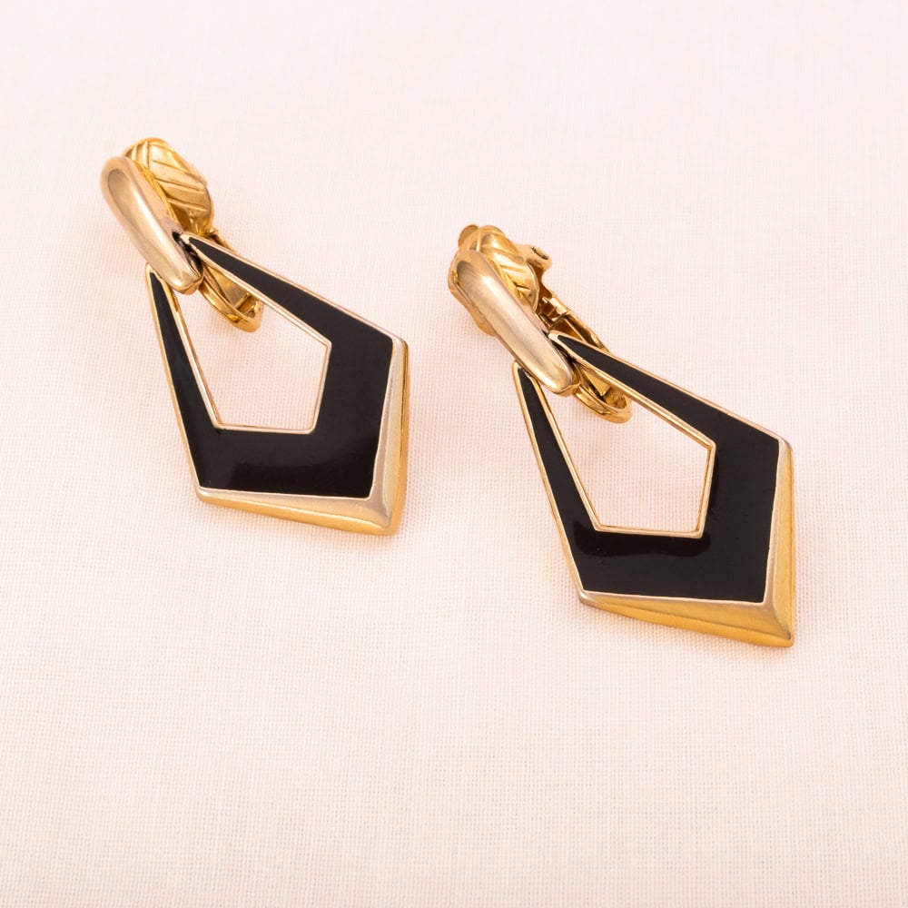 TRIFARI clip-on earrings gold-plated dangles with black enamel geometric 1990s vintage