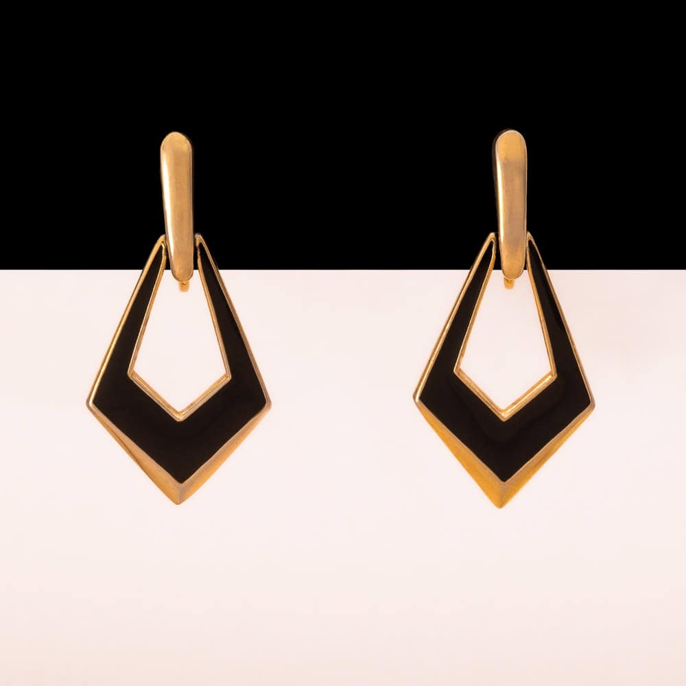 TRIFARI clip-on earrings gold-plated dangles with black enamel geometric 1990s vintage