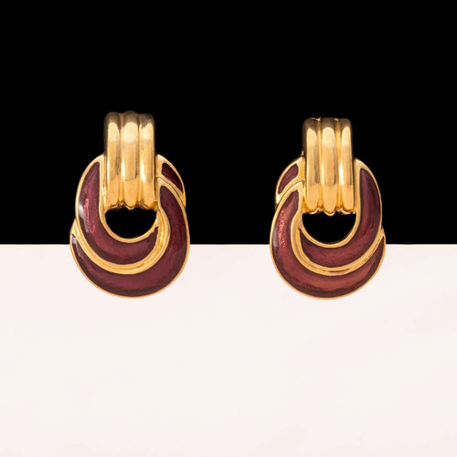 TRIFARI Vintage Earrings 1980s Gold Plated Brown Enamel
