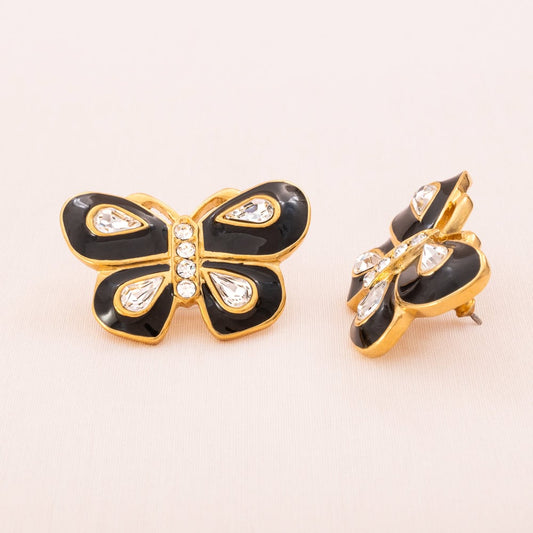 Trifari-ohrringe-schmetterlinge-vergoldet-schwarze-Emaille-Kristalle