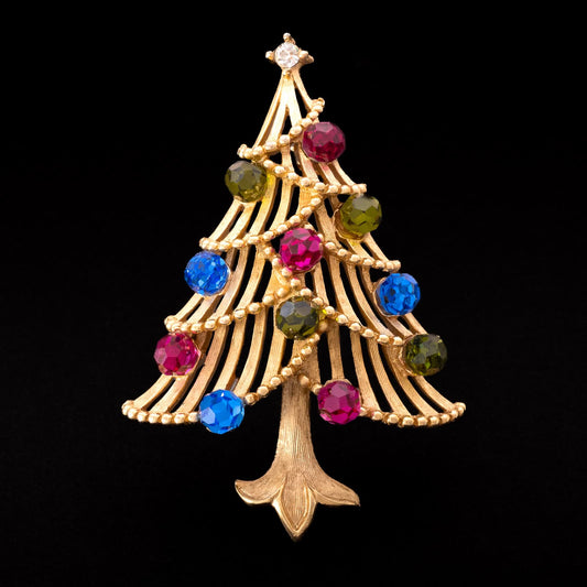 Trifari-Weihnachtsbaum-Brosche-vergoldet-bunte-Kristallkugeln
