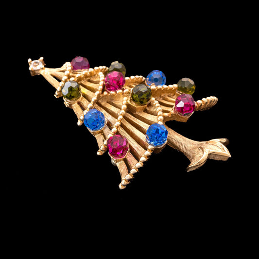 Trifari-Weihnachtsbaum-Brosche-vergoldet-bunte-Kristallkugeln