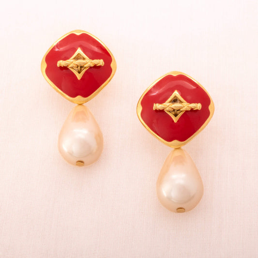 Trifari-rote-Emaille-Ohrringe-abnehmbare-Perlentropfen-Hänger