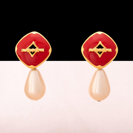 Trifari-rote-Emaille-Ohrringe-abnehmbare-Perlentropfen-Hänger