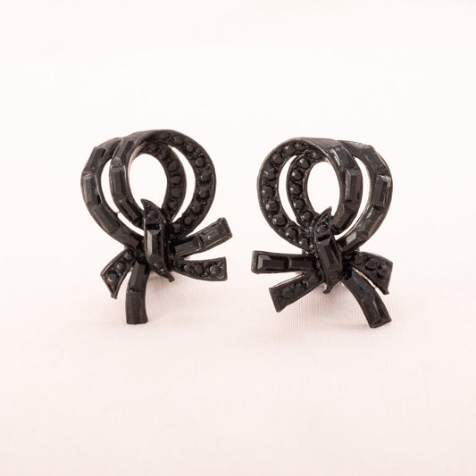 Albert-Weiss-Ohrclips-Schleifen-schwarz-Metall-geschwärzt-Strass-1950er