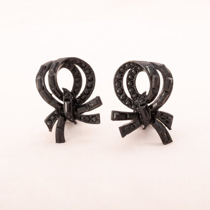 Albert-Weiss-Ohrclips-Schleifen-schwarz-Metall-geschwärzt-Strass-1950er