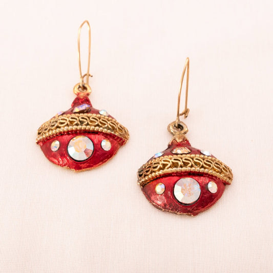 Weiss-Ohrringe-rote-Weihnachtskugelhänger-Aurora-Borealis-Strasssteine