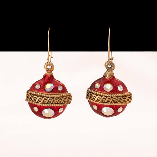 Weiss-Ohrringe-rote-Weihnachtskugelhänger-Aurora-Borealis-Strasssteine