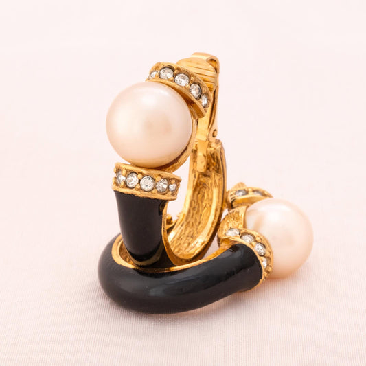 Pearl ear clips with black enamel in hoop style
