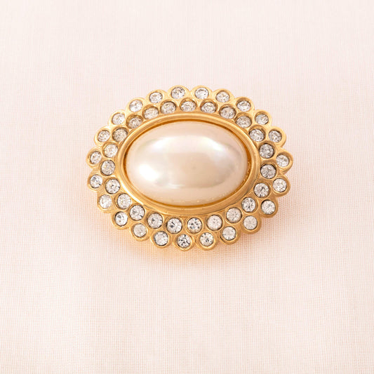 D'Orlan-Brosche-ovale-Perle-vergoldet-Kristall-umrandet