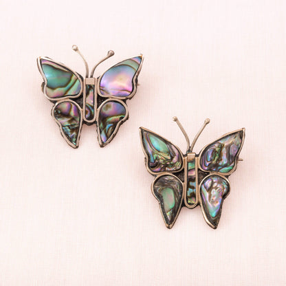 Zwei-Schmetterling-Broschen-Alpacasilber-Abalonen-Inlay