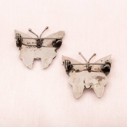 Zwei-Schmetterling-Broschen-Alpacasilber-Rückseite-Mexico-Stempel