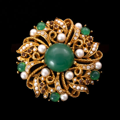 ART-vergoldete-Brosche-Antik-Revival-grüne-Cabochons-Perlen-und-Strass