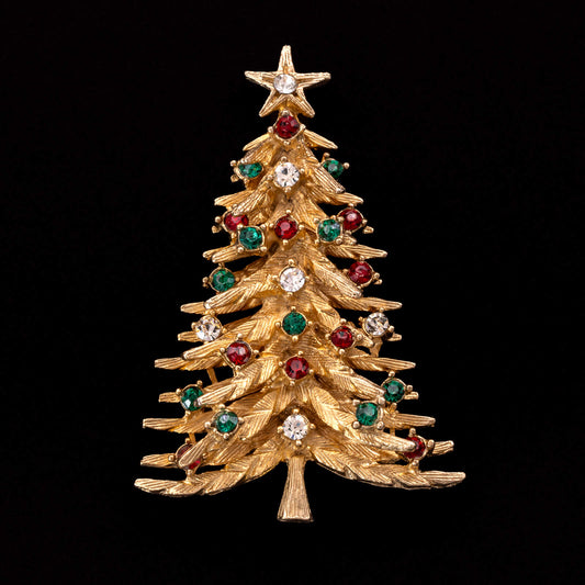ART-klassische-Weihnachtsbaum-Brosche-vergoldet-mit-rot-grünen-Strasssteinen