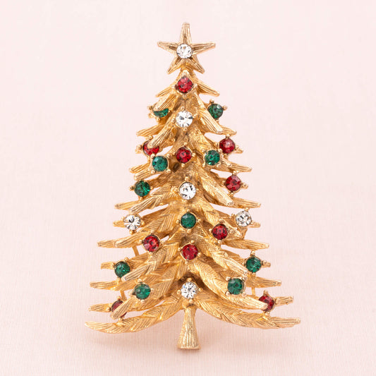 ART-klassische-Weihnachtsbaum-Brosche-vergoldet-mit-rot-grünen-Strasssteinen