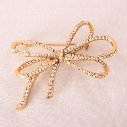 Anne-Klein-große-Brosche-vergoldete-Strass-Schleife