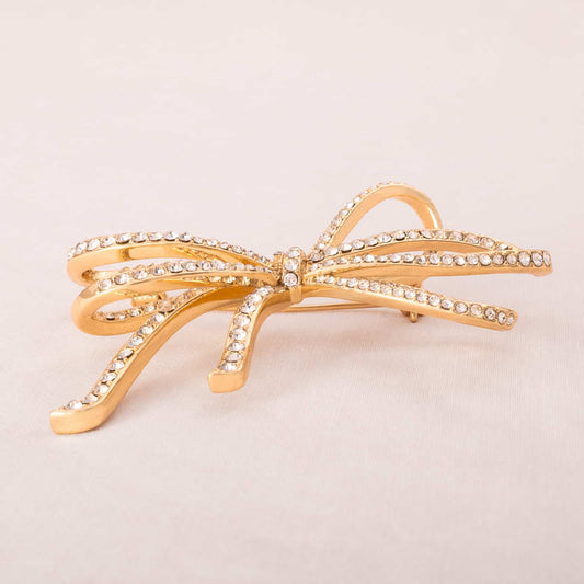 Anne-Klein-große-Brosche-vergoldete-Strass-Schleife