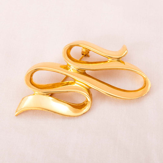 Anne-Klein-80er-jahre-Brosche-geschwungenes-vergoldetes-Band