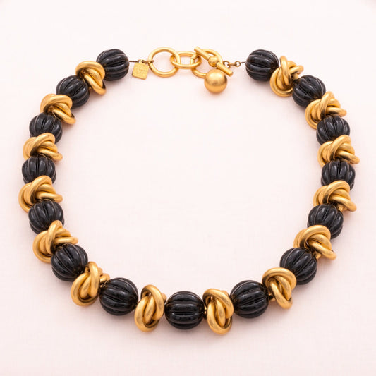 Anne-Klein-1990er-Halskette-matt-vergoldet-schwarze-Perlen