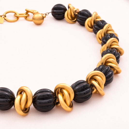 Anne-Klein-1990er-Halskette-matt-vergoldet-schwarze-Perlen