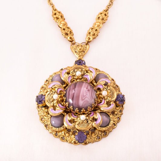 Western-Germany-Halskette-großer-Anhänger-lila-Steine-und-Perlen