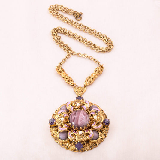 Western-Germany-Halskette-großer-Anhänger-lila-Steine-und-Perlen