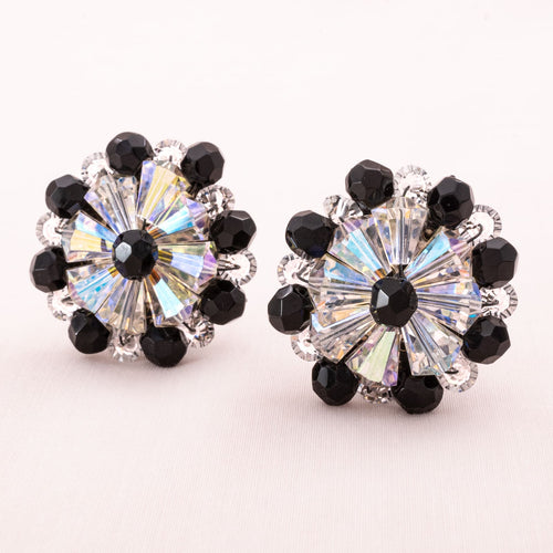 Vintage clip-on earrings with black and white Aurora Borealis beads